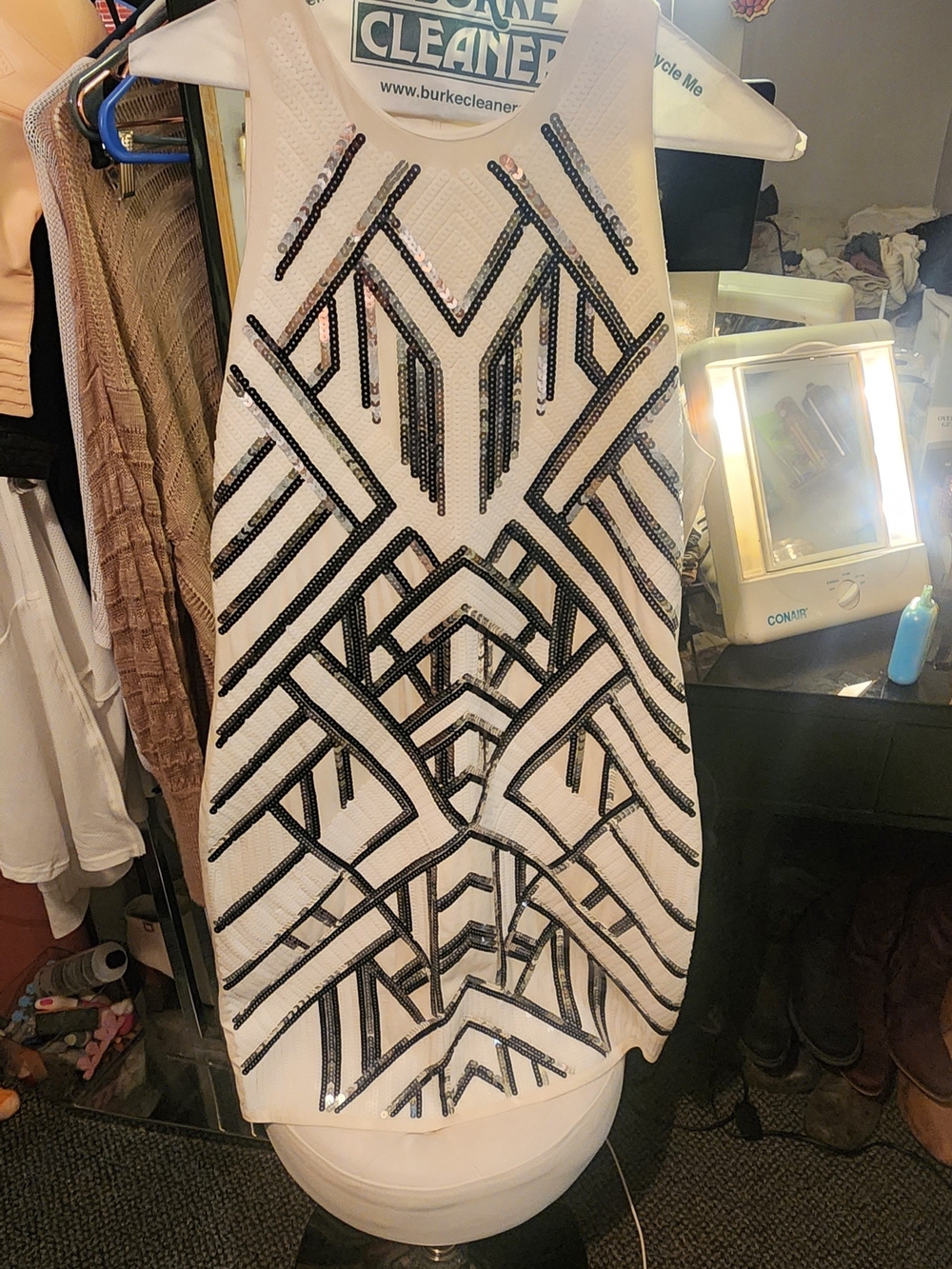 Express White Mini Dress with Black Sequin Geometric Pattern